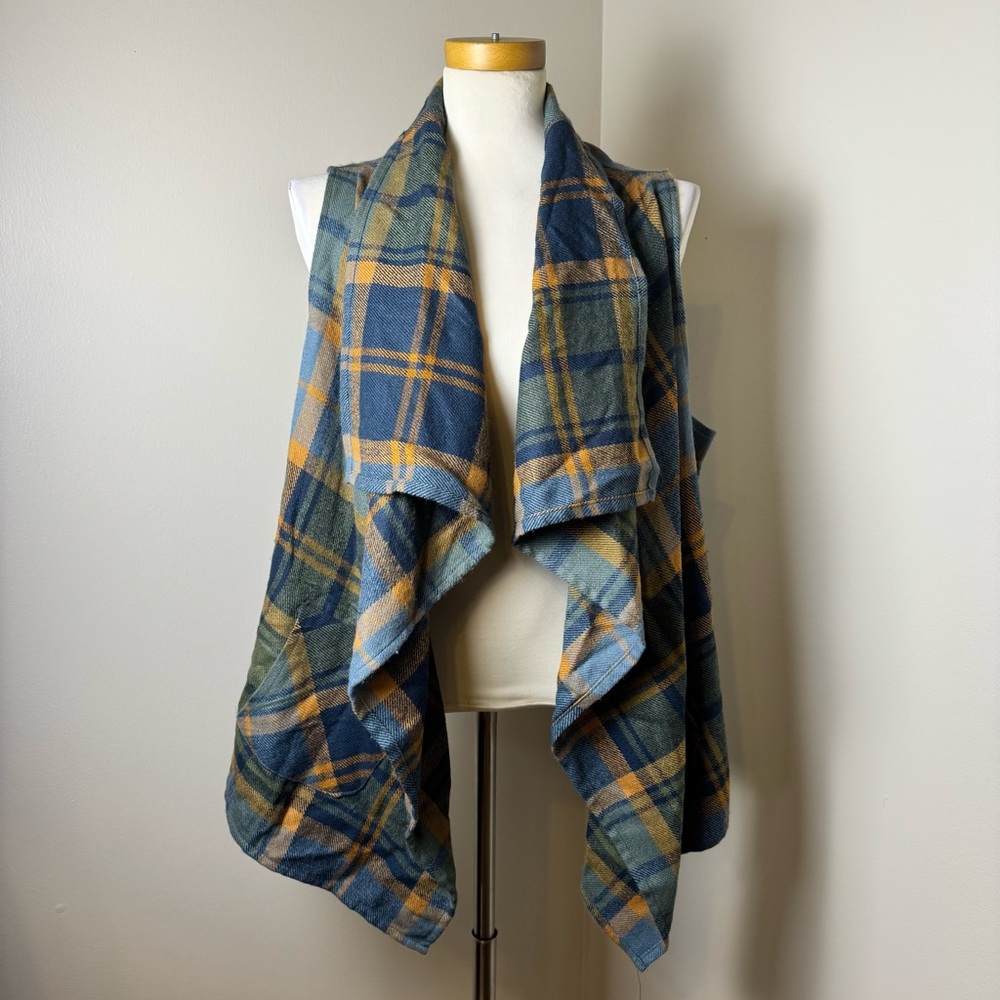 NATURAL REFLECTIONS Drape Front Classic Plaid Flannel Vest NAVY-GREEN-GOLD / XL